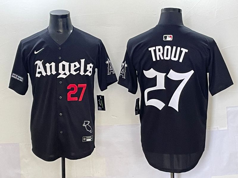 Men 2025 Los Angeles Angels #27 Trout Black Five generations Joint Name Nike MLB Jersey style 8
